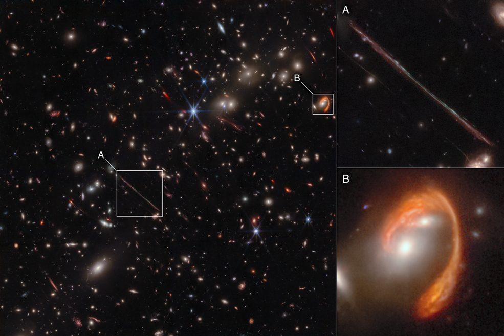 Two of the most prominent features in the image include the Thin One, highlighted in box A, and the Fishhook, a red swoosh highlighted in box B. Both are lensed background galaxies. The insets at right show zoomed-in views of both objects. Image: NASA, ESA, CSA.