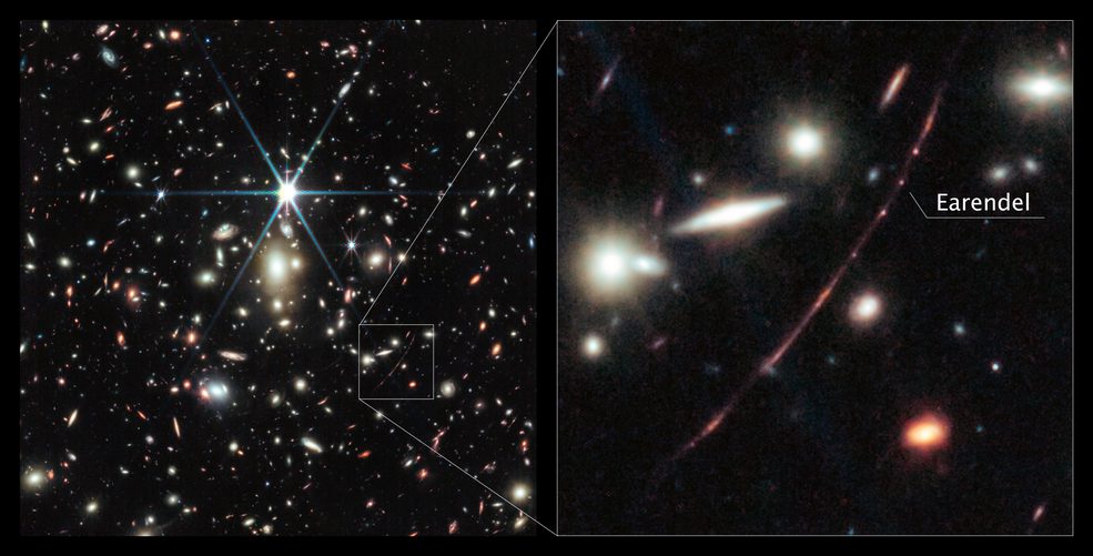 Webb’s NIRCam (Near-Infrared Camera) instrument reveals the star, nicknamed Earendel, to be a massive B-type star more than twice as hot as our Sun, and about a million times more luminous.