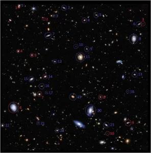 Spiral galaxies imaged by JWST that rotate in the same direction relative to the Milky Way (circled in red) and in the opposite direction (circled in blue): JADES/Kansas State University