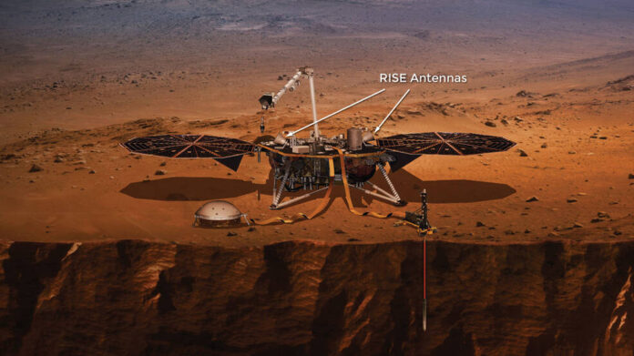 NASA’s InSight lander on Mars This annotated artist’s concept of NASA’s InSight lander on Mars points out the antennas on the spacecraft’s deck. Along with a radio transponder in the lander, these antennas made up an instrument called the Rotation and Interior Structure Experiment, or RISE.