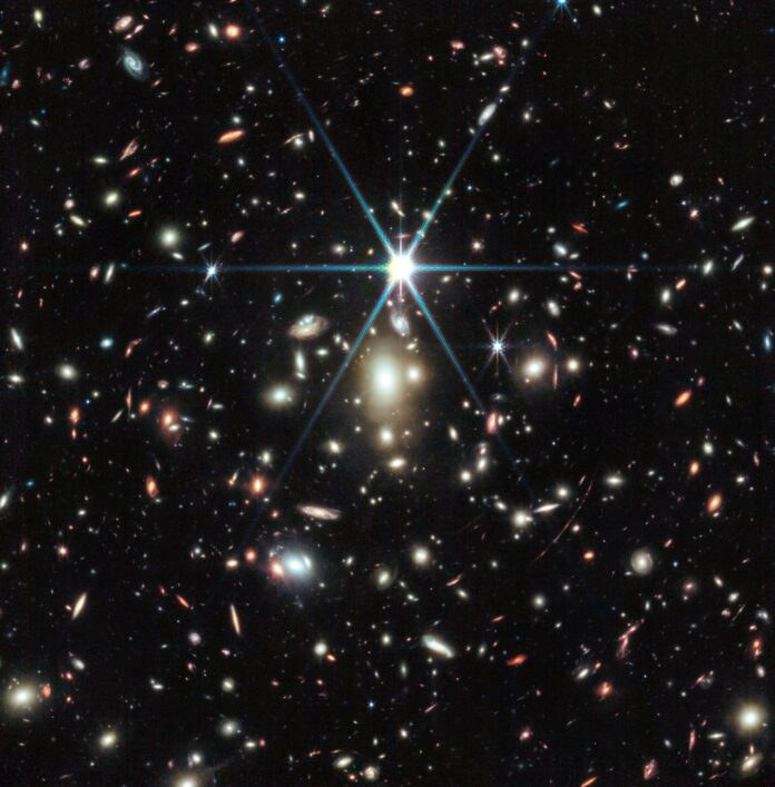 the most strongly magnified galaxy known in the universe’s first billion years: the Sunrise Arc This image from NASA’s James Webb Space Telescope of a massive galaxy cluster called WHL0137-08 contains the most strongly magnified galaxy known in the universe’s first billion years: the Sunrise Arc