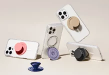 Kick-Out Grip by PopSockets supports the phone vertically Kick-Out Grip by PopSockets supports the phone vertically