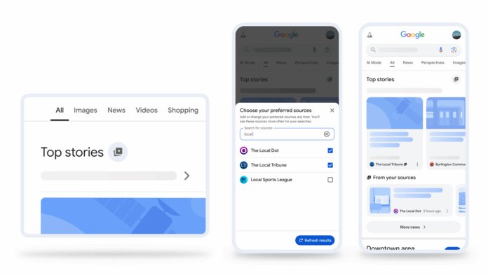 Google allows you to select your preferred sources during a search