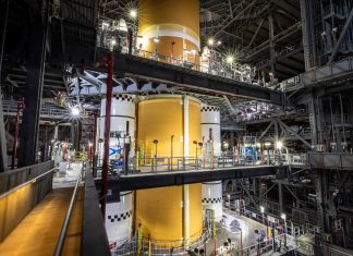 Artemis III SLS Core Stage Mated with Boosters at Kennedy Space Center